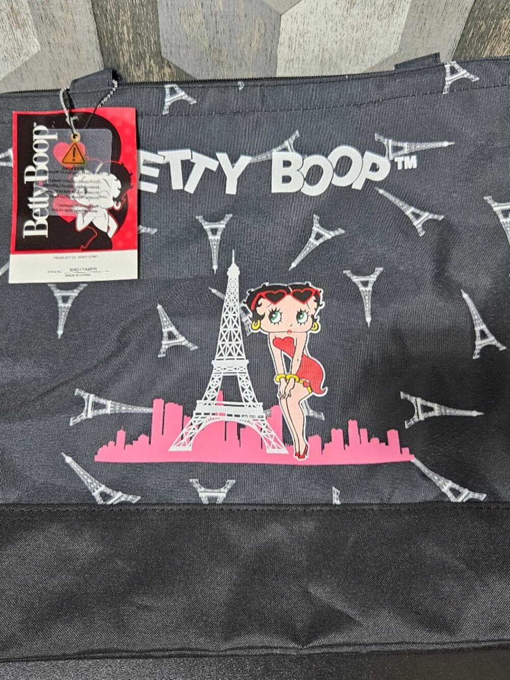 NWT Betty Boop Paris Eiffel Tower Black Pink Large Tote Bag BN317A